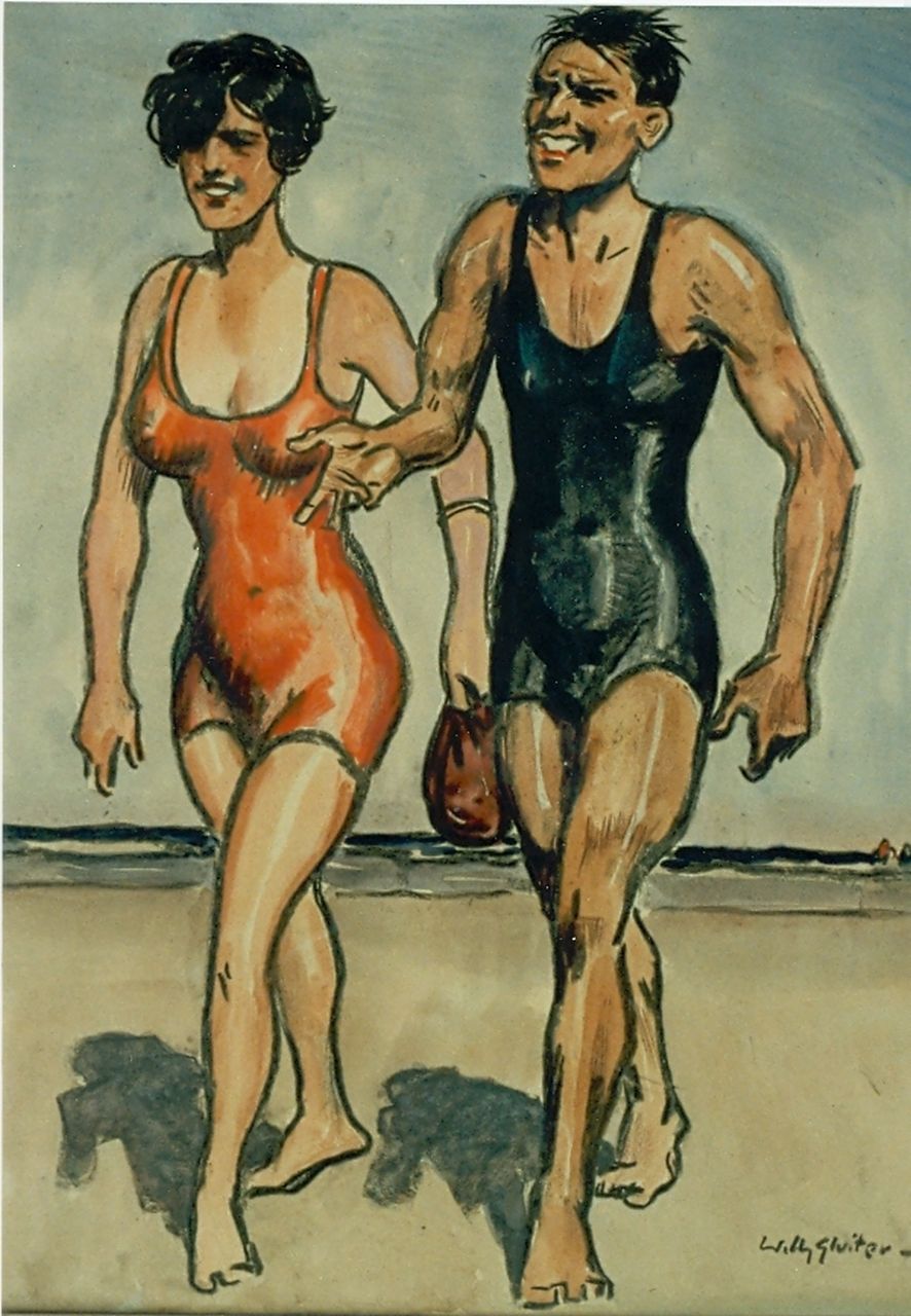 Sluiter J.W.  | Jan Willem 'Willy' Sluiter, Walking along the beach, mixed media on paper 48.0 x 37.0 cm, signed l.r.