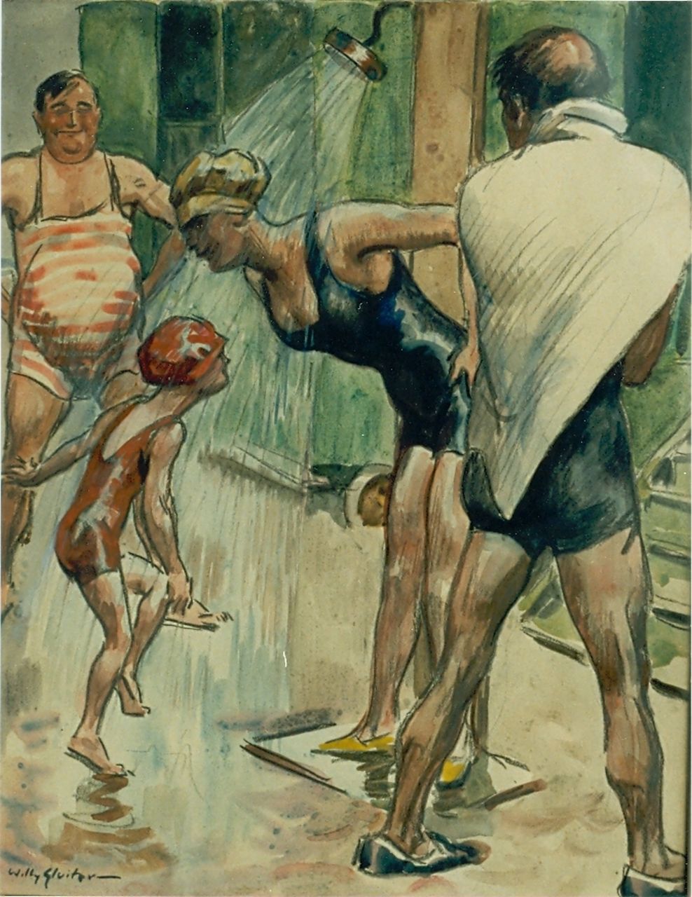 Sluiter J.W.  | Jan Willem 'Willy' Sluiter, A cold shower, mixed media on paper 48.0 x 37.0 cm, signed l.l.