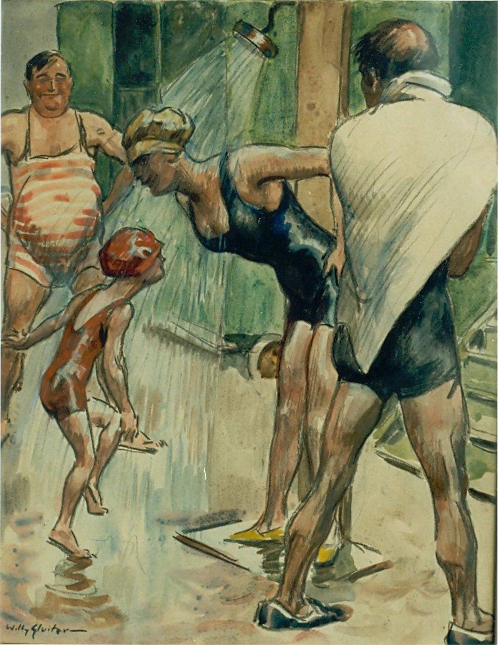 Sluiter J.W.  | Jan Willem 'Willy' Sluiter, A cold shower, mixed media on paper 48.0 x 37.0 cm, signed l.l.