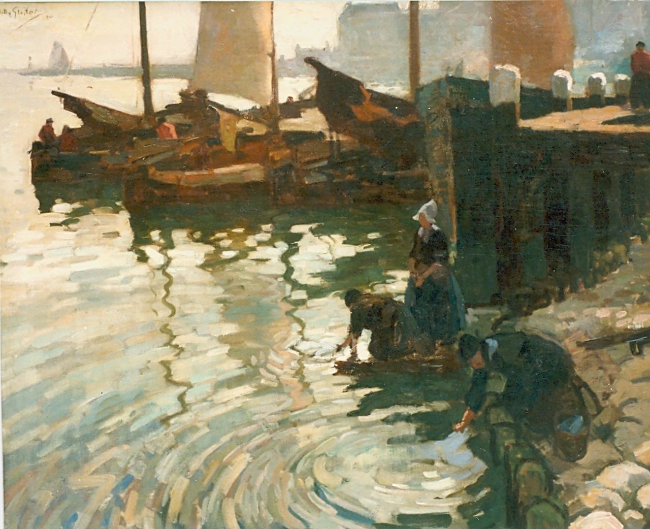 Sluiter J.W.  | Jan Willem 'Willy' Sluiter, The Volendam harbour with washerwomen, oil on canvas 80.5 x 100.0 cm, signed l.l. and dated '10