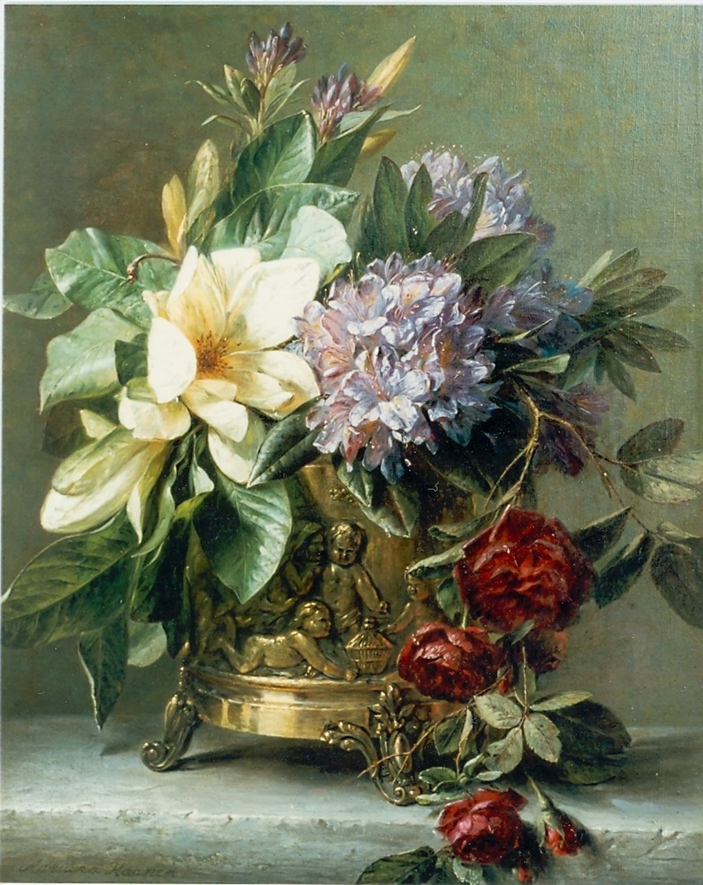 Haanen A.J.  | Adriana Johanna Haanen, Flowers in a copper pot, oil on canvas 63.6 x 50.8 cm, signed l.l