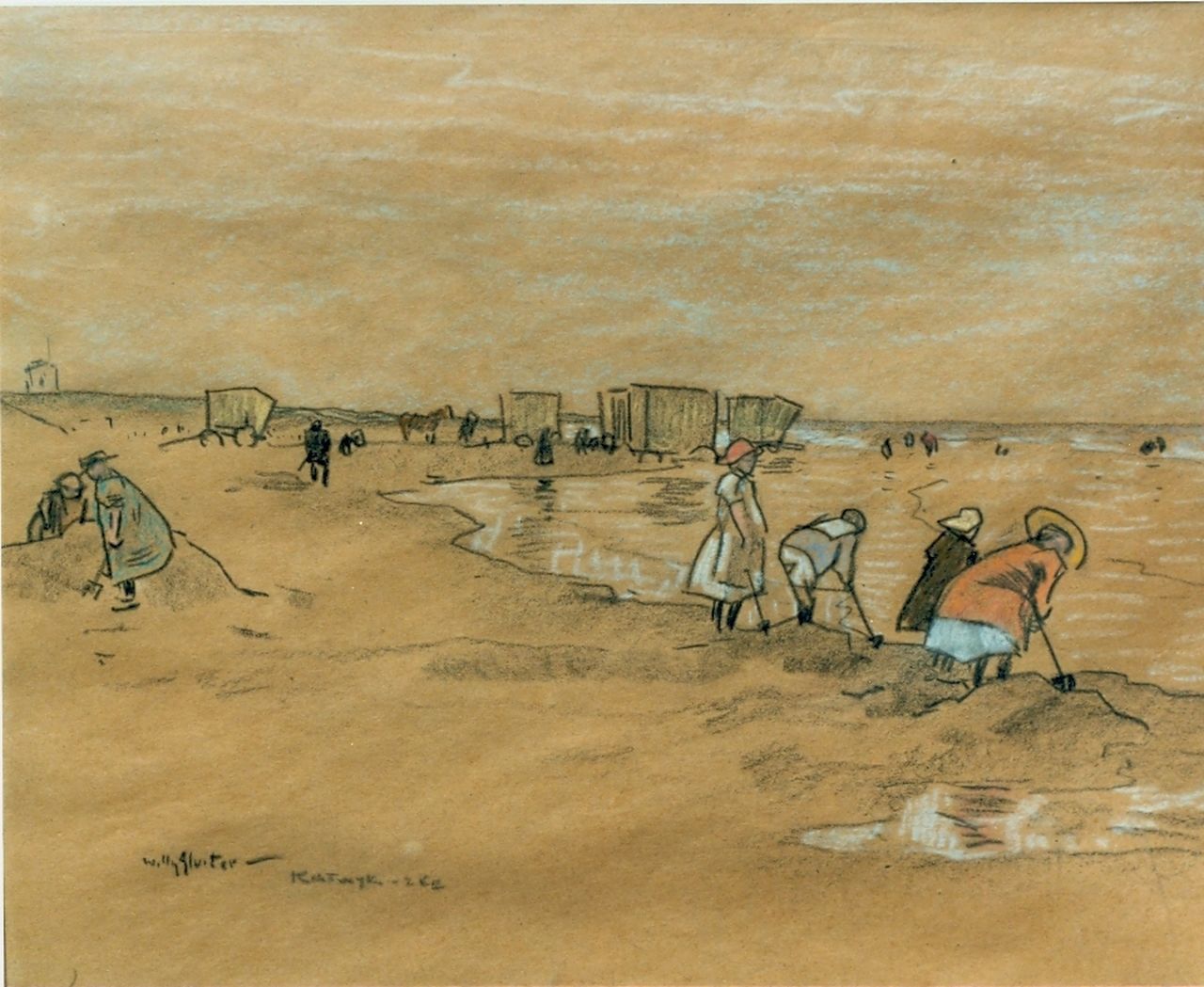 Sluiter J.W.  | Jan Willem 'Willy' Sluiter, Children on the beach, drawing on paper 30.5 x 37.5 cm, signed l.l.