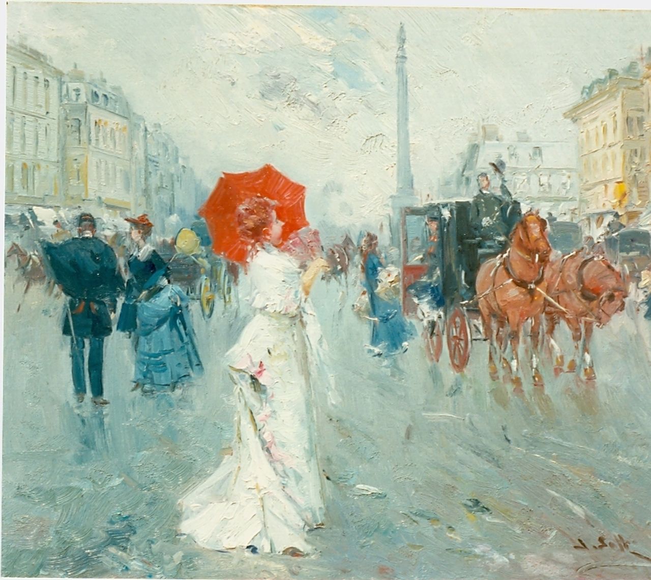 Soler J.  | Juan Soler, Streetscene with elegant figures, Paris, oil on panel 38.0 x 46.0 cm, signed l.r.