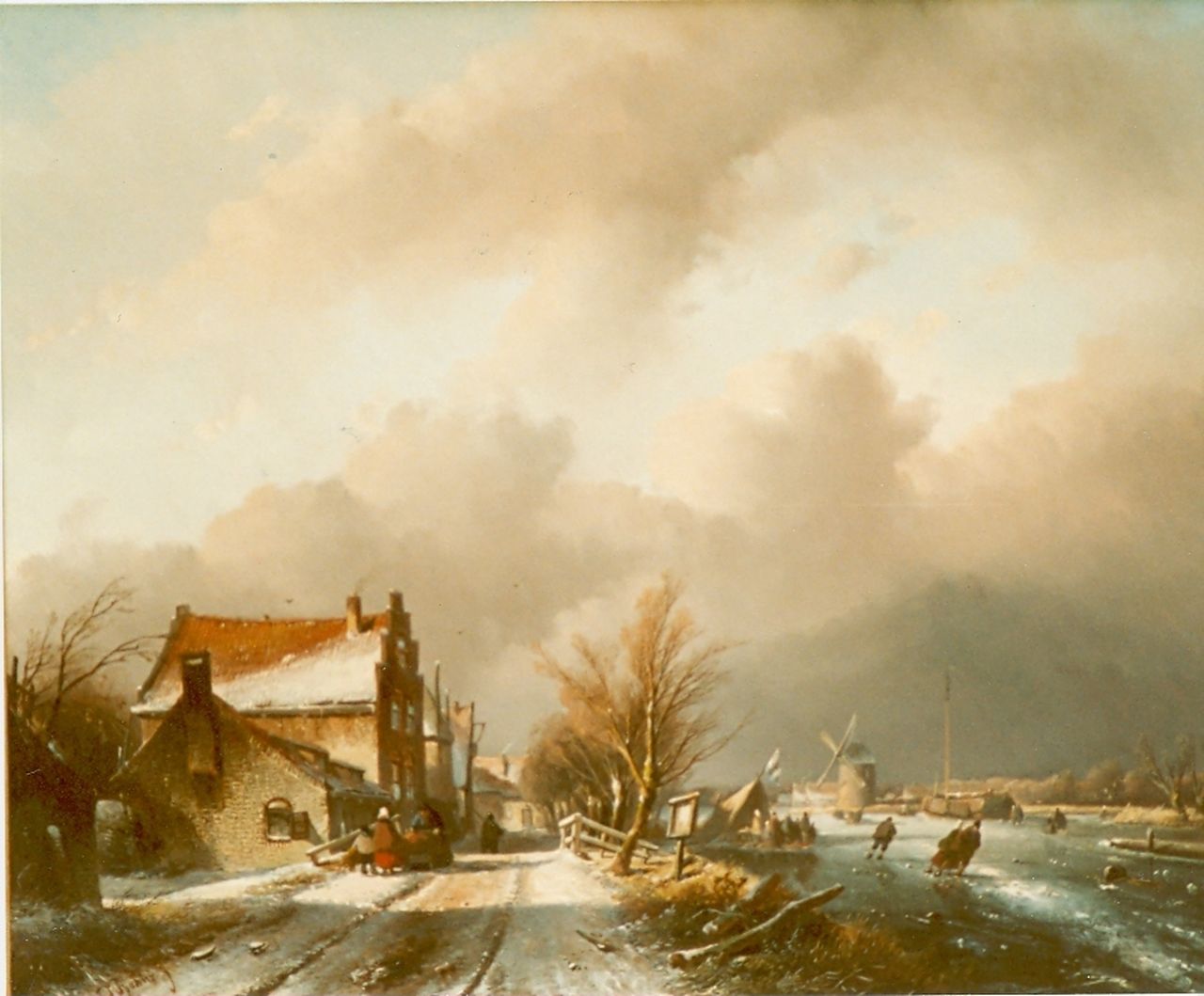 Spohler J.J.  | Jan Jacob Spohler, A winter landscape with figures skating on the ice, oil on panel 48.3 x 61.3 cm, signed l.l.