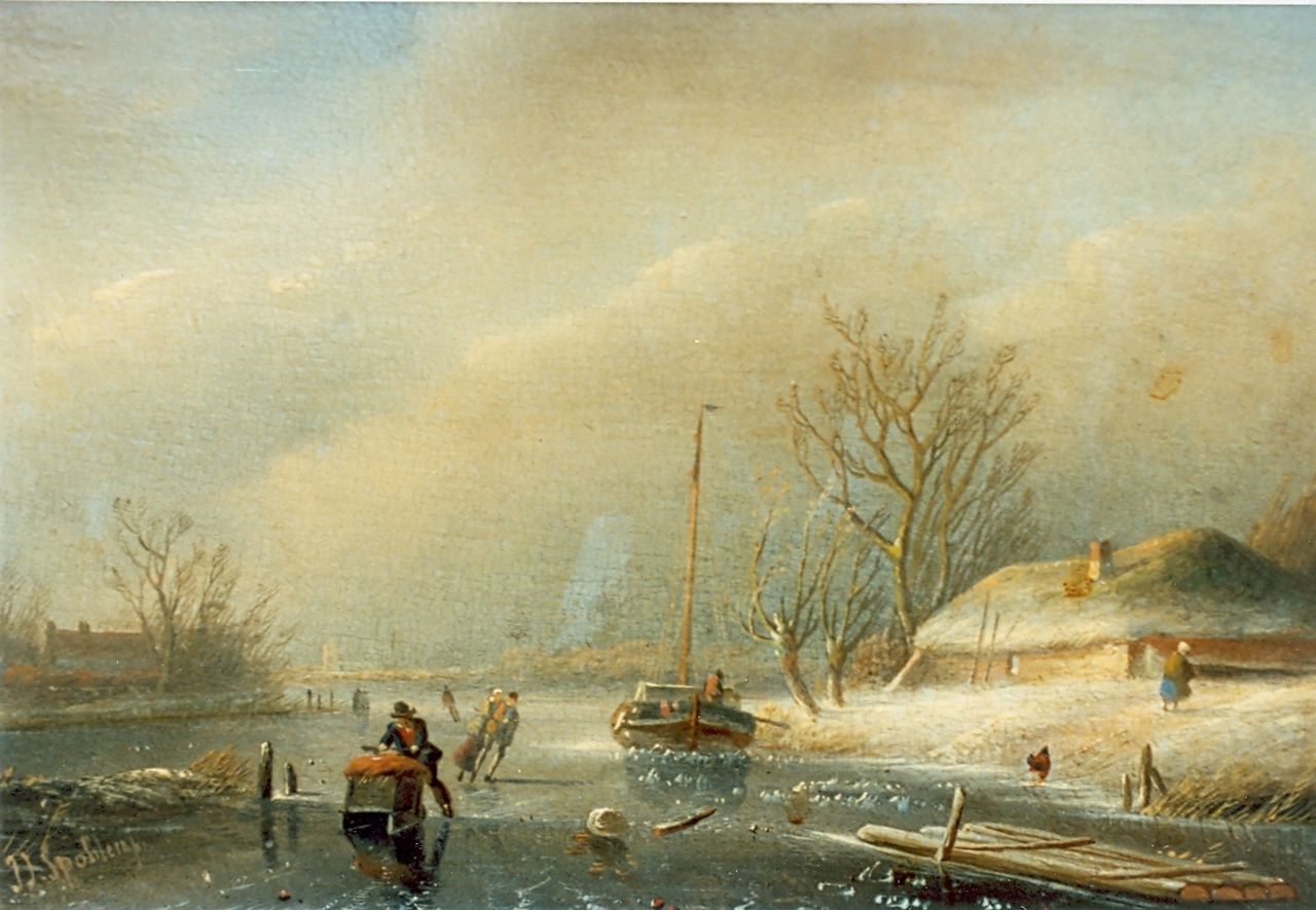 Spohler J.J.  | Jan Jacob Spohler, Skaters on the ice, oil on panel 17.2 x 26.0 cm, signed l.l.