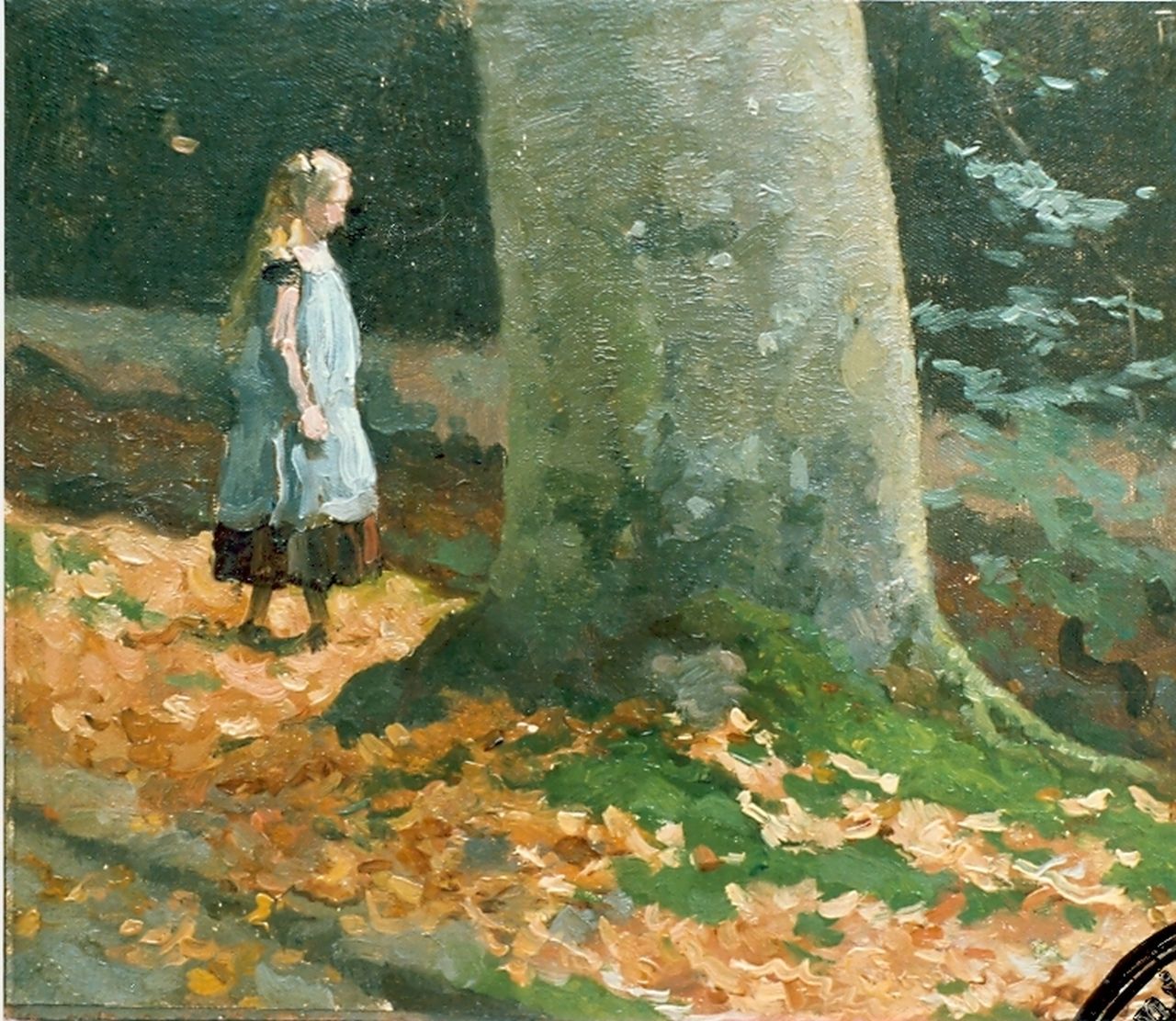 Tholen W.B.  | Willem Bastiaan Tholen, Young girl in a wooded landscape, oil on canvas laid down on panel 21.3 x 26.2 cm, signed u.r.