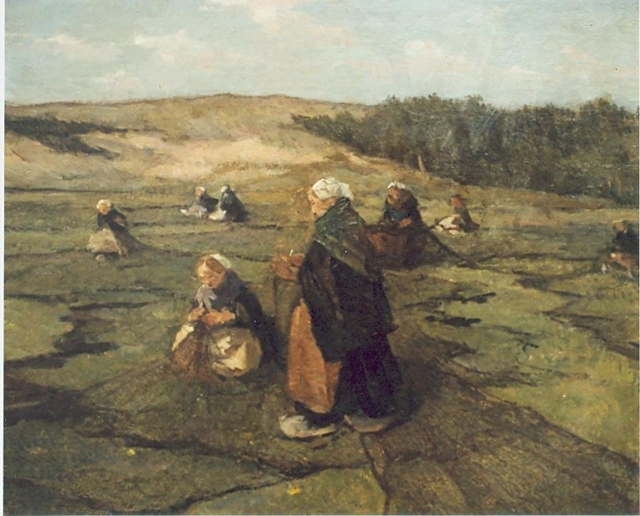 Akkeringa J.E.H.  | 'Johannes Evert' Hendrik Akkeringa, A dune landscape with women mending the nets, oil on panel 47.0 x 58.0 cm
