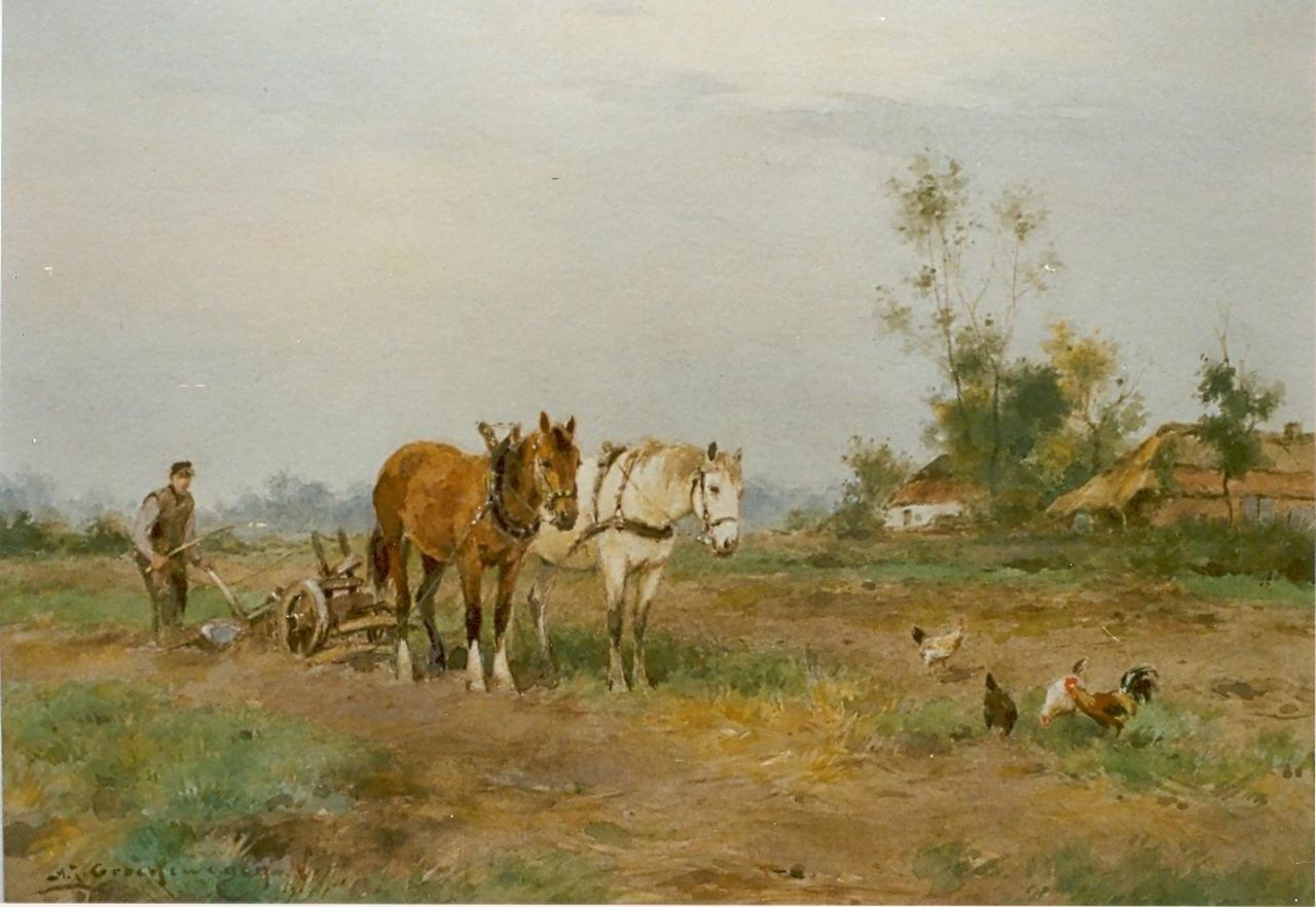 Groenewegen A.J.  | Adrianus Johannes Groenewegen, A ploughing  farmer, watercolour on paper 24.2 x 34.2 cm, signed l.l.