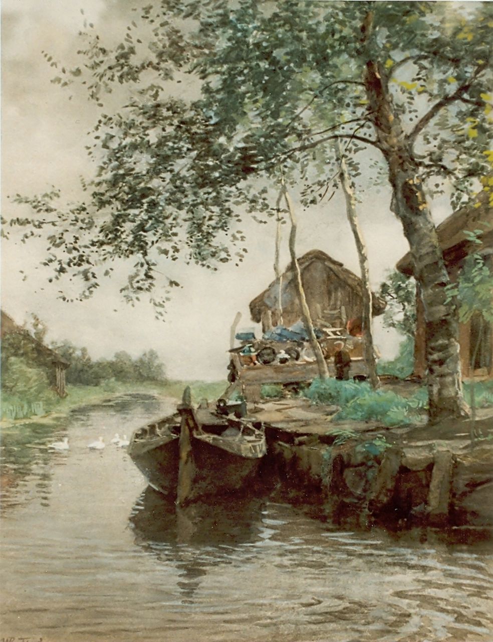 Tholen W.B.  | Willem Bastiaan Tholen, Farm along a waterway, watercolour on paper 42.0 x 33.0 cm, signed l.l.