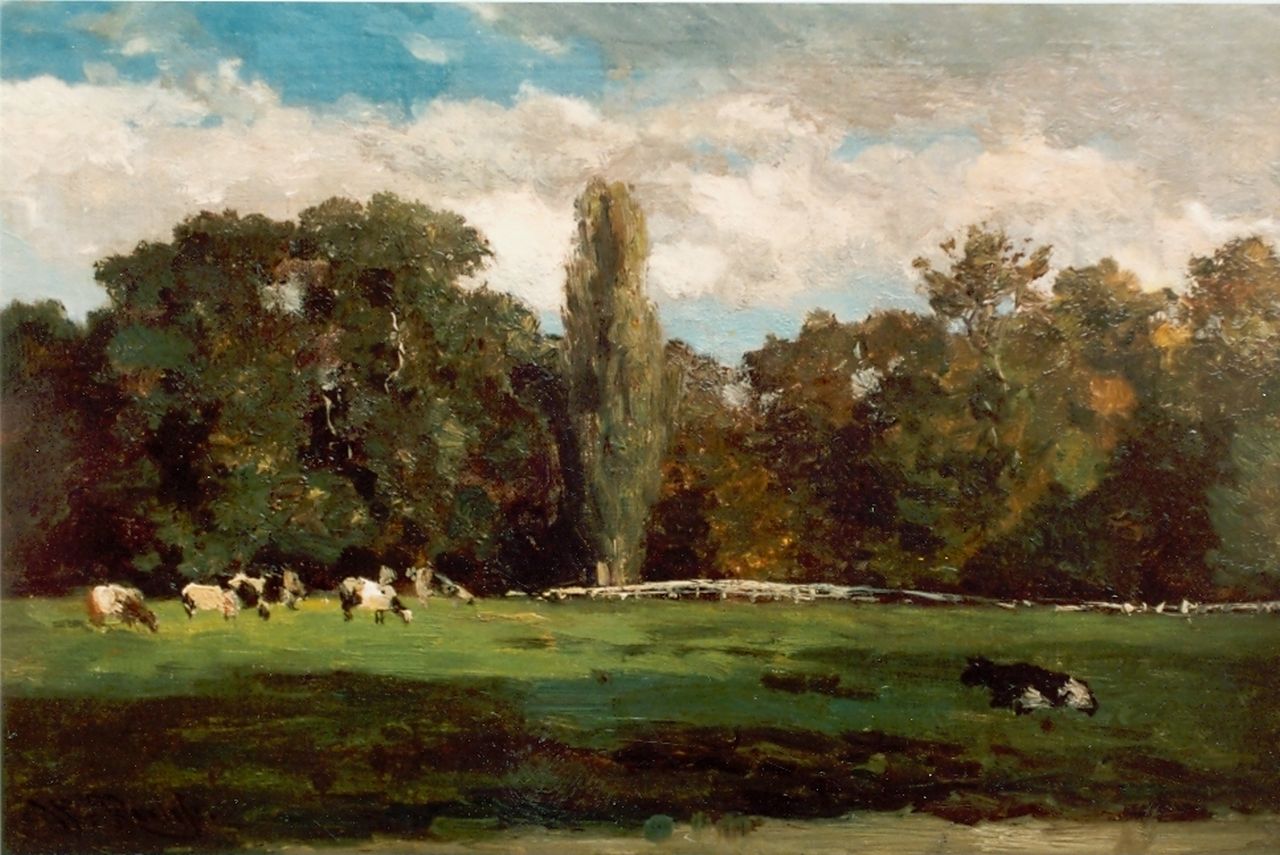 Roelofs W.  | Willem Roelofs, Cows in a meadow, Voorn Utrecht, oil on canvas laid down on panel 25.7 x 40.5 cm, signed l.l.