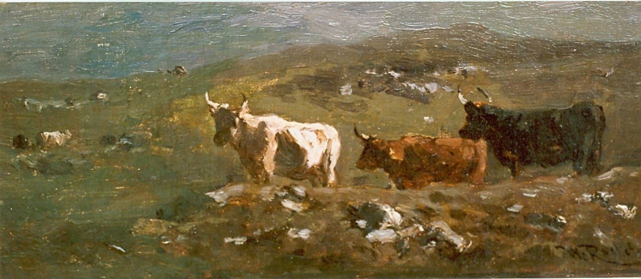 Roelofs W.  | Willem Roelofs, Mountainous landscape with cows, oil on canvas laid down on panel 12.0 x 26.3 cm, signed l.r.