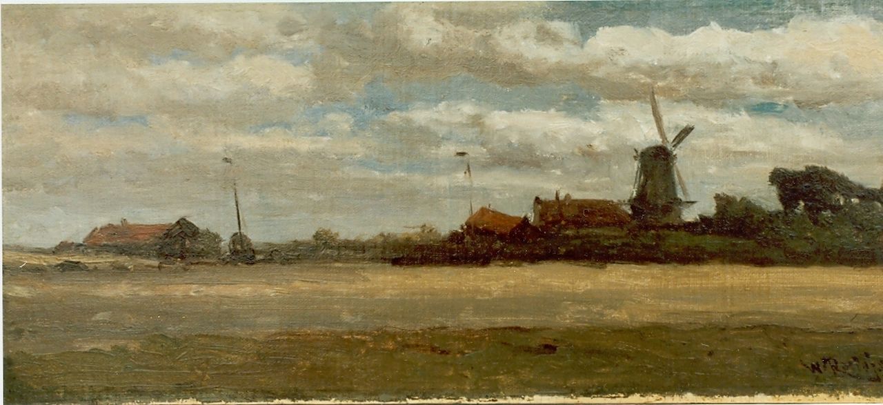 Roelofs W.  | Willem Roelofs, Village along a waterway, oil on canvas laid down on panel 16.8 x 38.5 cm, signed l.r.