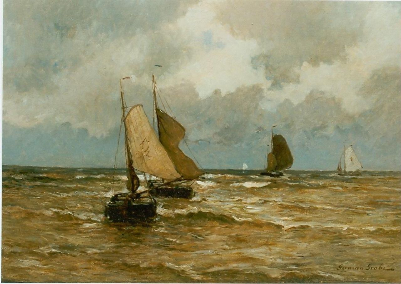 Grobe P.G.  | Philipp 'German' Grobe, Coastal scene with sailing boats, oil on canvas 60.0 x 80.0 cm, signed l.r.