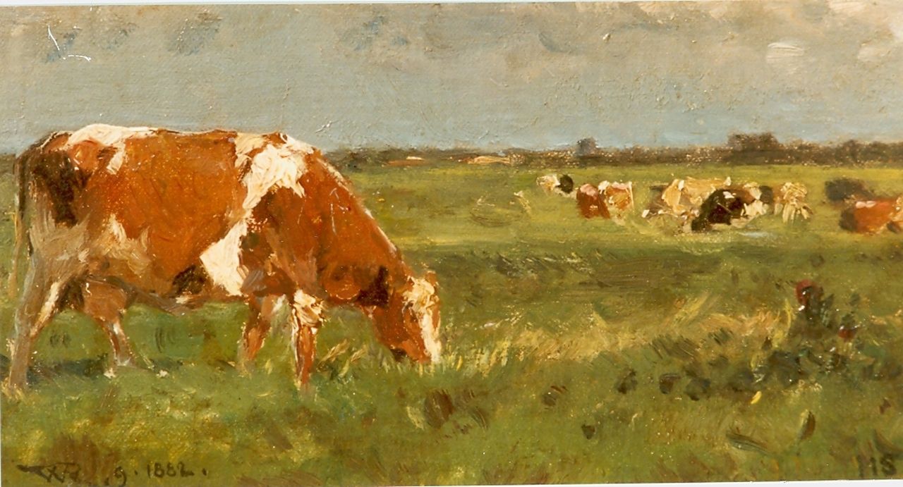 Roelofs W.  | Willem Roelofs, Cows in a meadow, oil on panel 11.2 x 20.4 cm, signed l.r. and l.l. and dated 1882