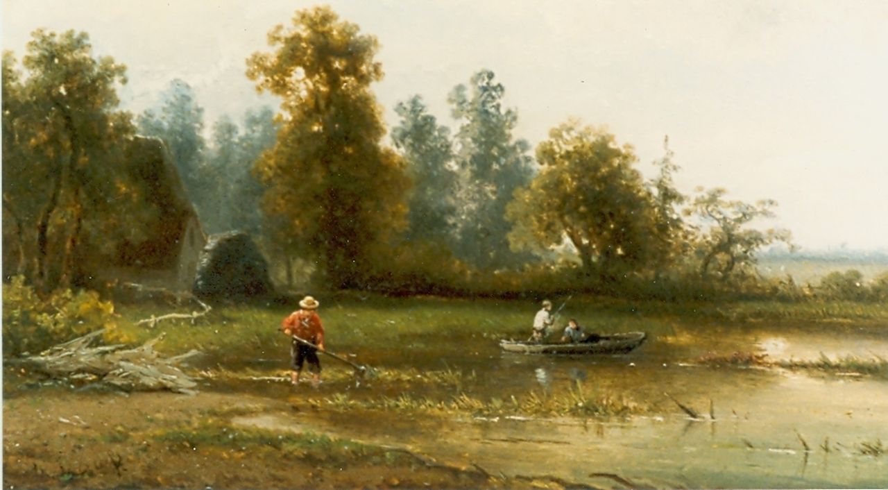 Meiners C.H.  | Claas Hendrik Meiners, Anglers in a river landscape, oil on panel 25.0 x 35.5 cm, signed l.l.