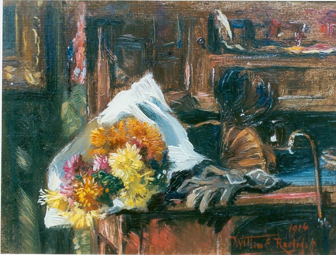 Roelofs jr. W.E.  | Willem Elisa Roelofs jr., Still life with chrysanthemums and gloves, oil on canvas laid down on panel 13.0 x 18.0 cm, signed l.r. and dated 1914