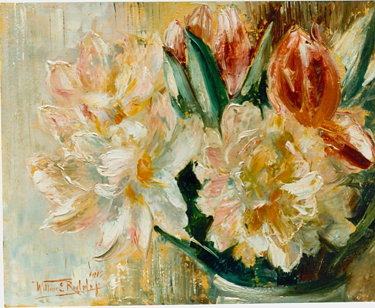Roelofs jr. W.E.  | Willem Elisa Roelofs jr., A flower still life, oil on paper 21.0 x 26.5 cm, signed l.l. and dated 1915