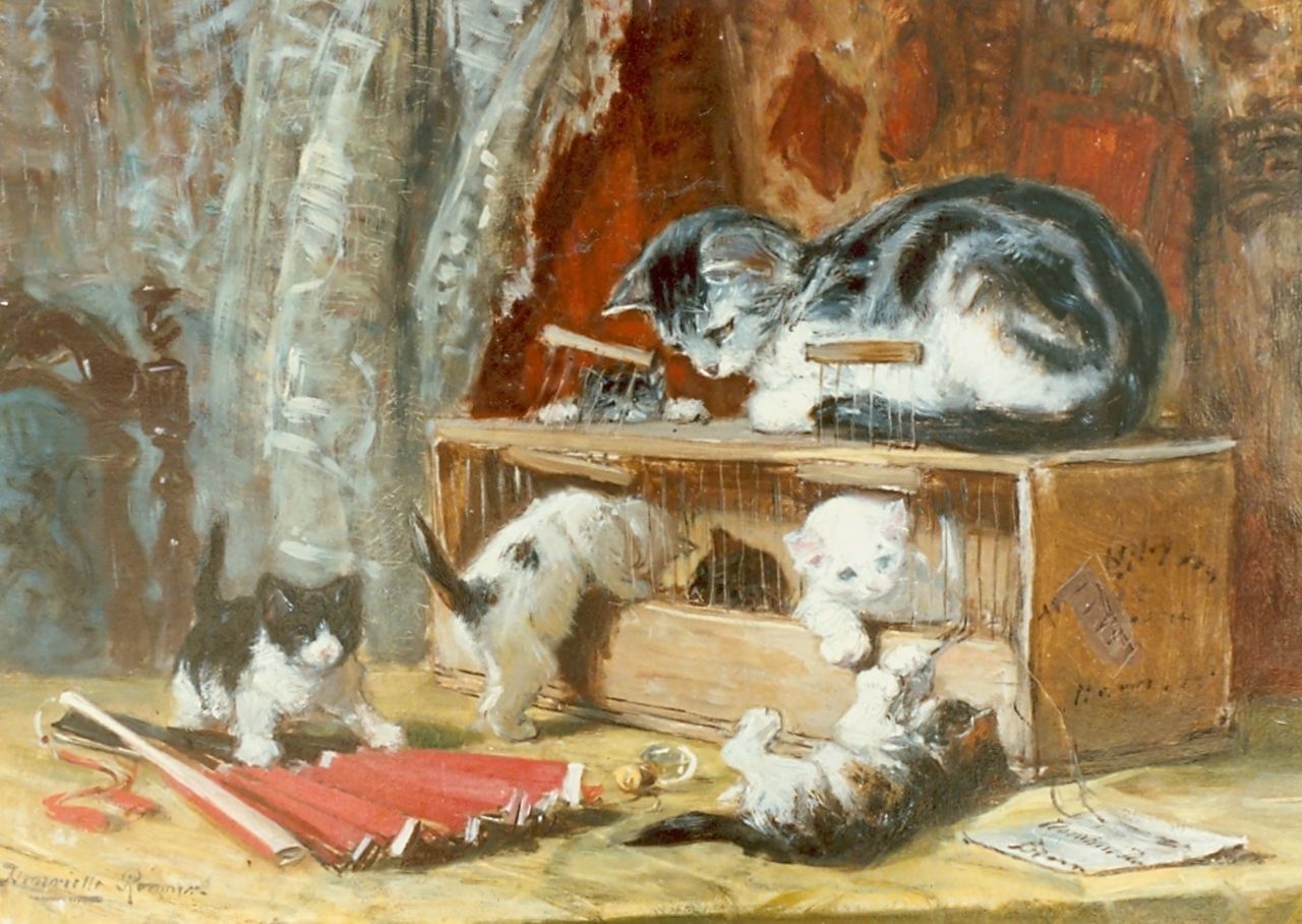 Ronner-Knip H.  | Henriette Ronner-Knip, Kittens playing, oil on canvas laid down on panel 34.0 x 50.0 cm, signed l.l.