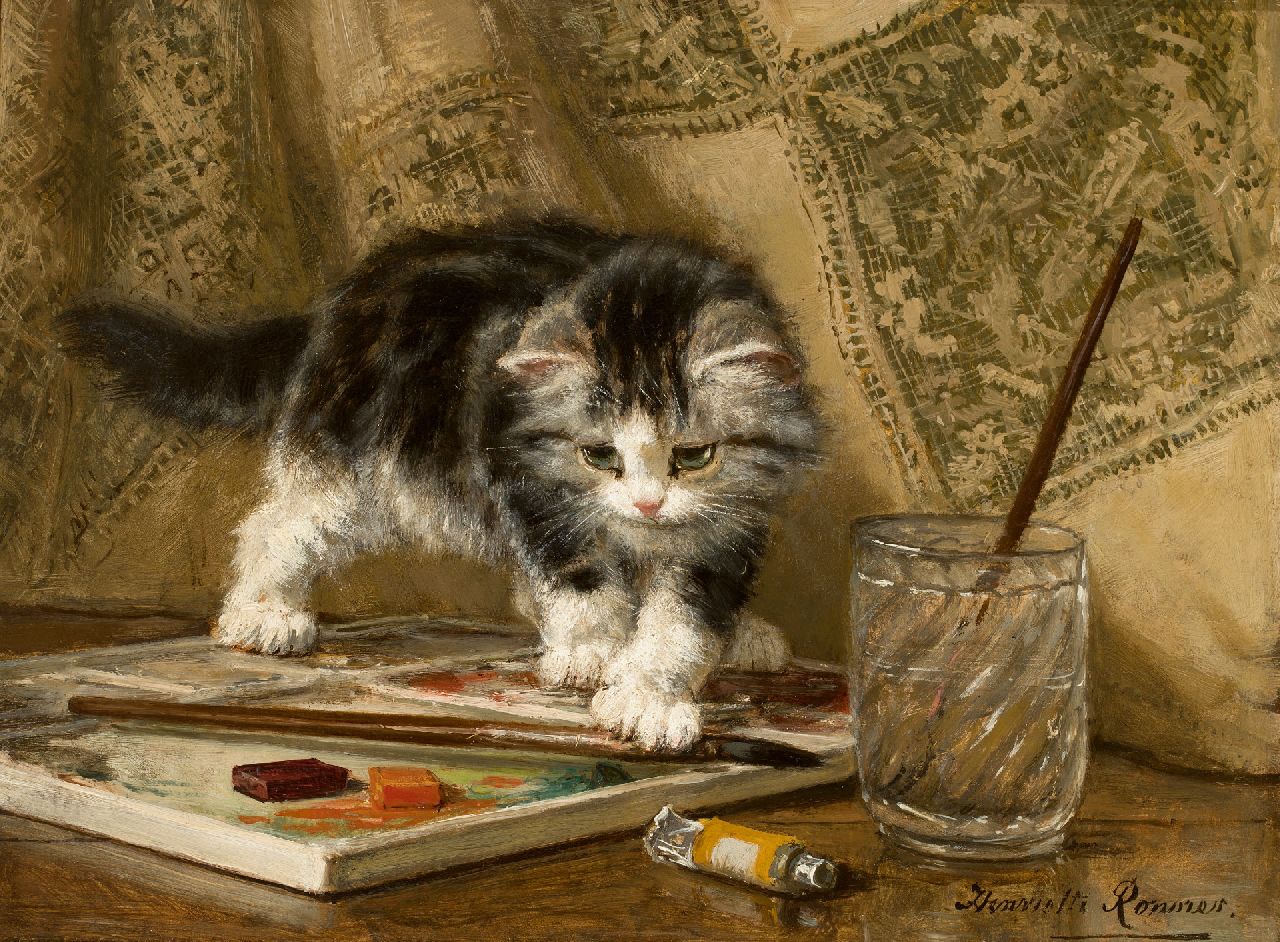 Ronner-Knip H.  | Henriette Ronner-Knip, Kitten at play, oil on canvas laid down on panel 24.0 x 32.1 cm, signed l.r.