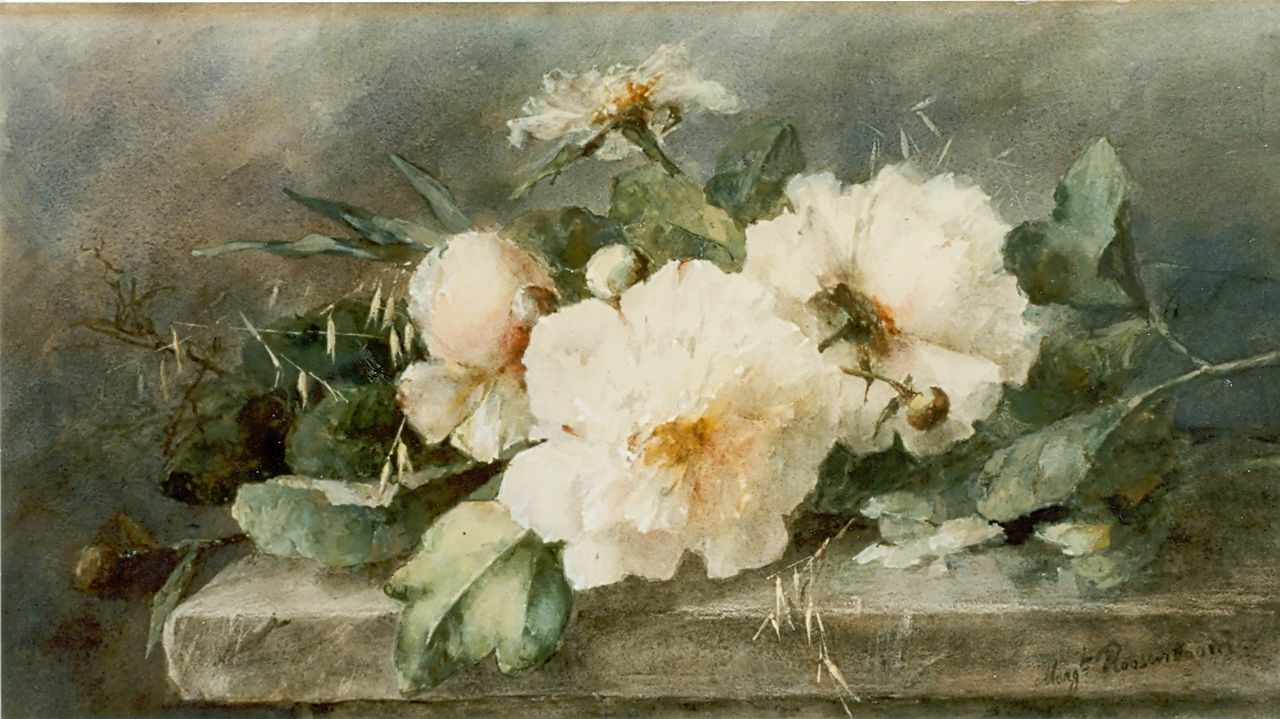 Roosenboom M.C.J.W.H.  | 'Margaretha' Cornelia Johanna Wilhelmina Henriëtta Roosenboom, Peonies on a marble ledge, watercolour on paper 39.5 x 74.5 cm, signed l.r.