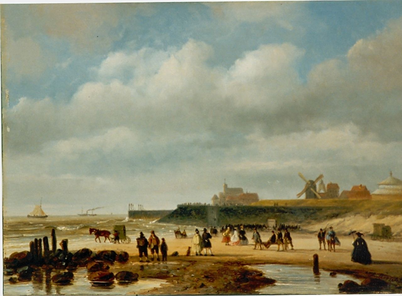 Roosenboom N.J.  | Nicolaas Johannes Roosenboom, Elegant figures on the beach, Scheveningen, oil on panel 25.5 x 36.1 cm, signed l.r.