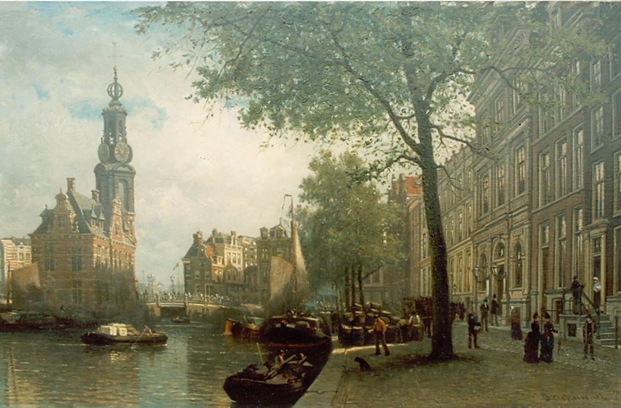 Greive J.C.  | Johan Conrad 'Coen' Greive, View of the Munt, Amsterdam, oil on canvas 38.2 x 60.0 cm, signed l.r.