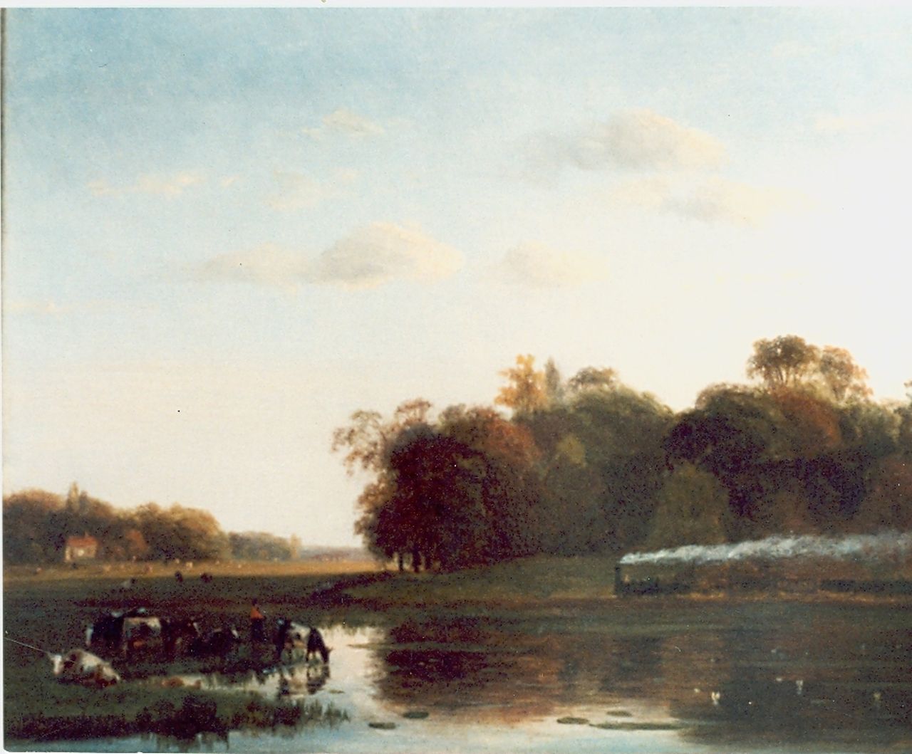 Roosenboom N.J.  | Nicolaas Johannes Roosenboom, Landscape with steam train, oil on panel 35.5 x 29.5 cm, signed l.l.