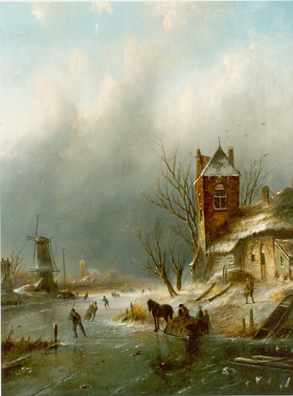 Spohler J.J.C.  | Jacob Jan Coenraad Spohler, A winter landscape with skaters on the ice, oil on canvas 43.8 x 34.7 cm, signed l.l.