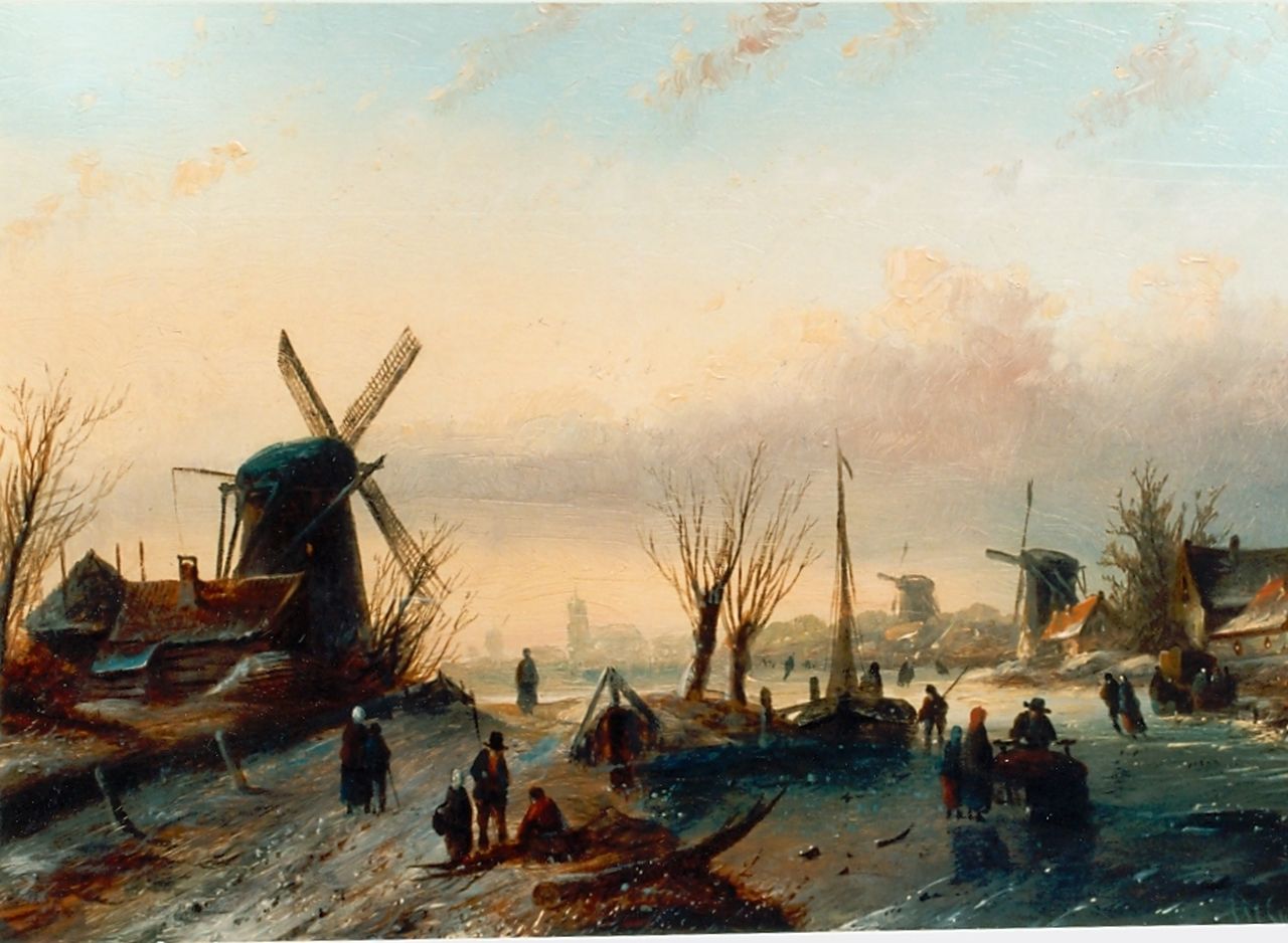 Spohler J.J.C.  | Jacob Jan Coenraad Spohler, Skaters on the ice, with a town in the distance, oil on panel 24.0 x 34.0 cm, signed l.r.