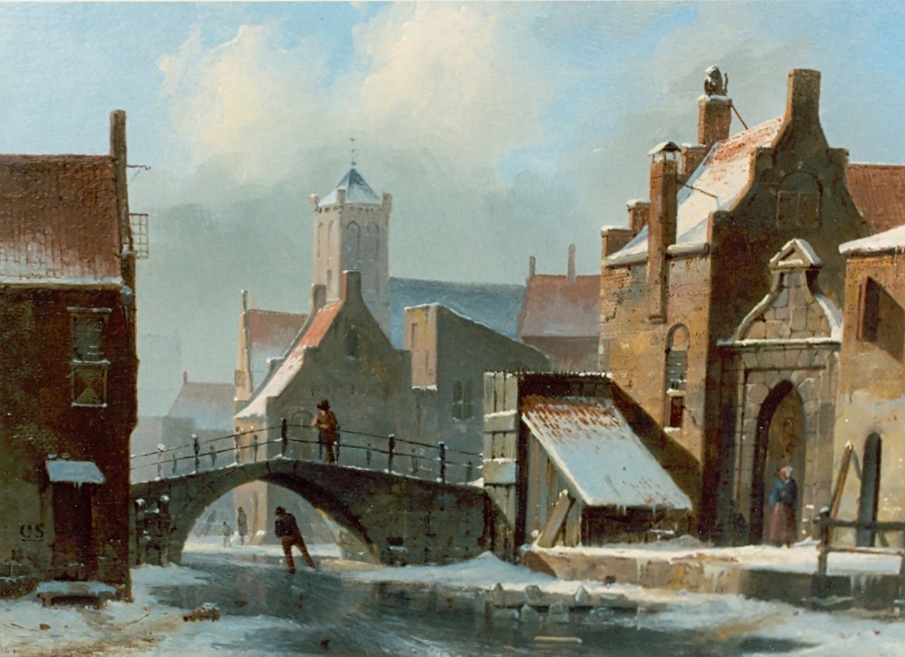 Springer C.  | Cornelis Springer, A skater on a frozen canal, oil on panel 17.2 x 23.2 cm, signed l.o. and dated 1838