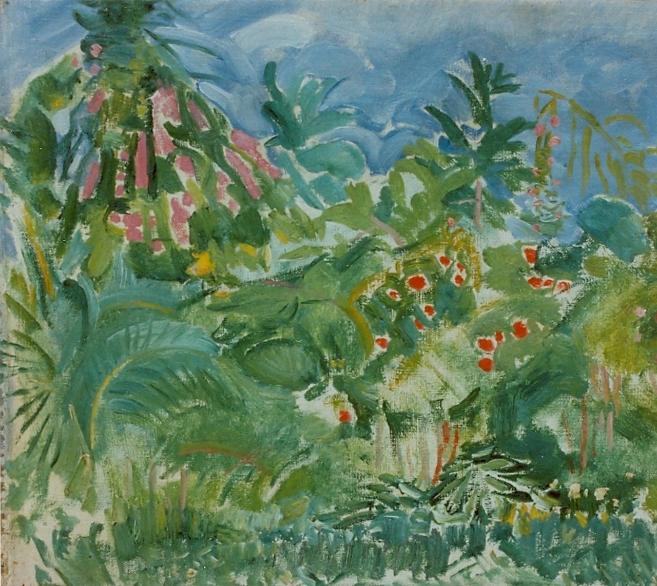 Gouwe A.H.  | Adriaan Herman Gouwe, A garden, Tahiti, oil on canvas laid down on panel 34.0 x 38.7 cm, signed l.l.