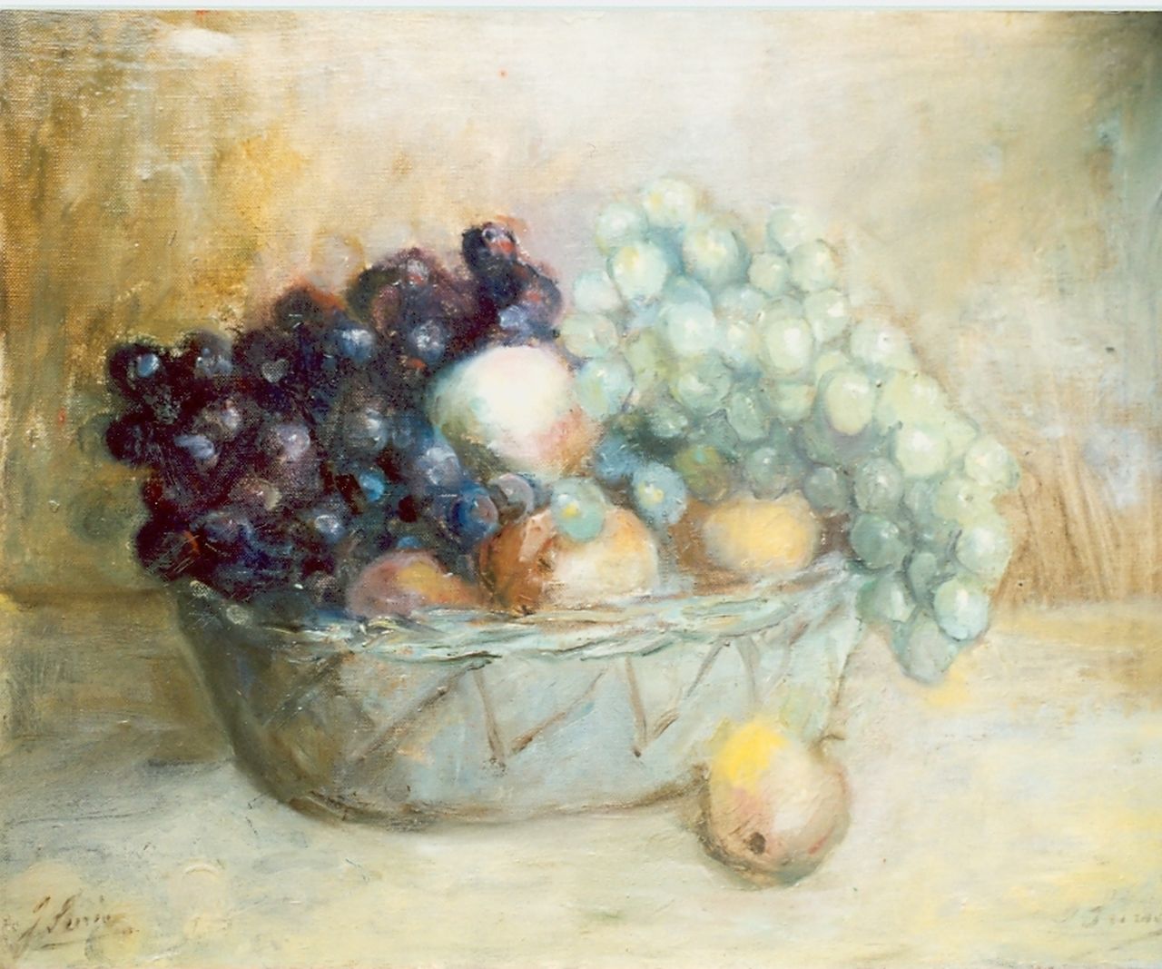 Surie J.  | Jacoba 'Coba' Surie, Basket with peaches and grapes, oil on canvas 40.0 x 50.0 cm, signed l.l. + l.r.