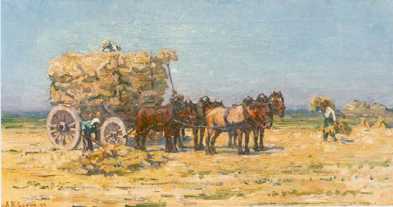Gouwe A.H.  | Adriaan Herman Gouwe, Haymaking, oil on canvas 33.8 x 62.9 cm, signed l.l. and dated 1914