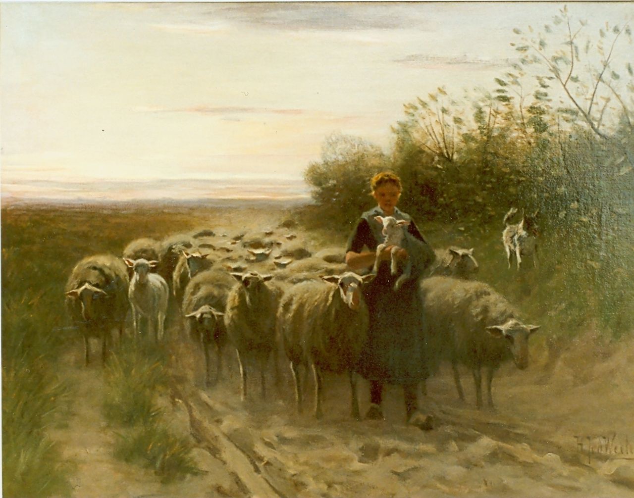 Weele H.J. van der | 'Herman' Johannes van der Weele, A shepherdess and her flock, oil on canvas 68.4 x 89.4 cm, signed l.r.