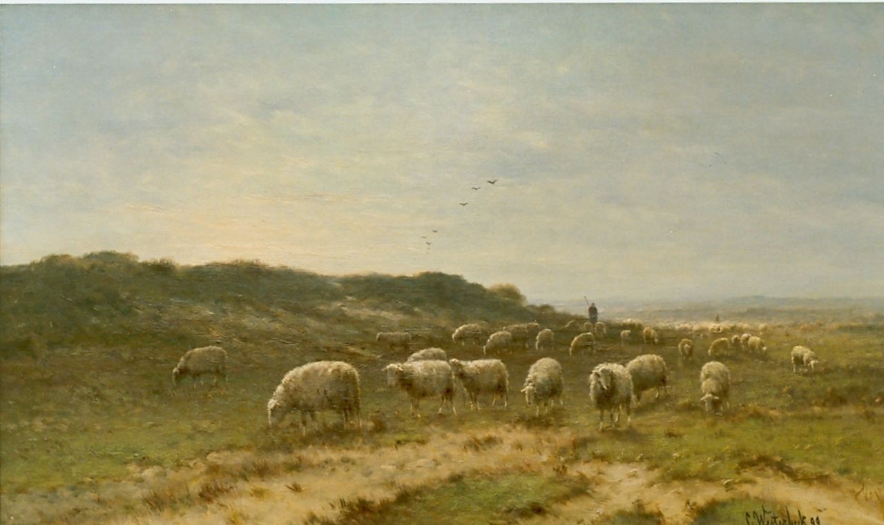 Westerbeek C.  | Cornelis Westerbeek, A shepherd and flock, oil on canvas 60.0 x 100.0 cm, signed l.r. and dated '99