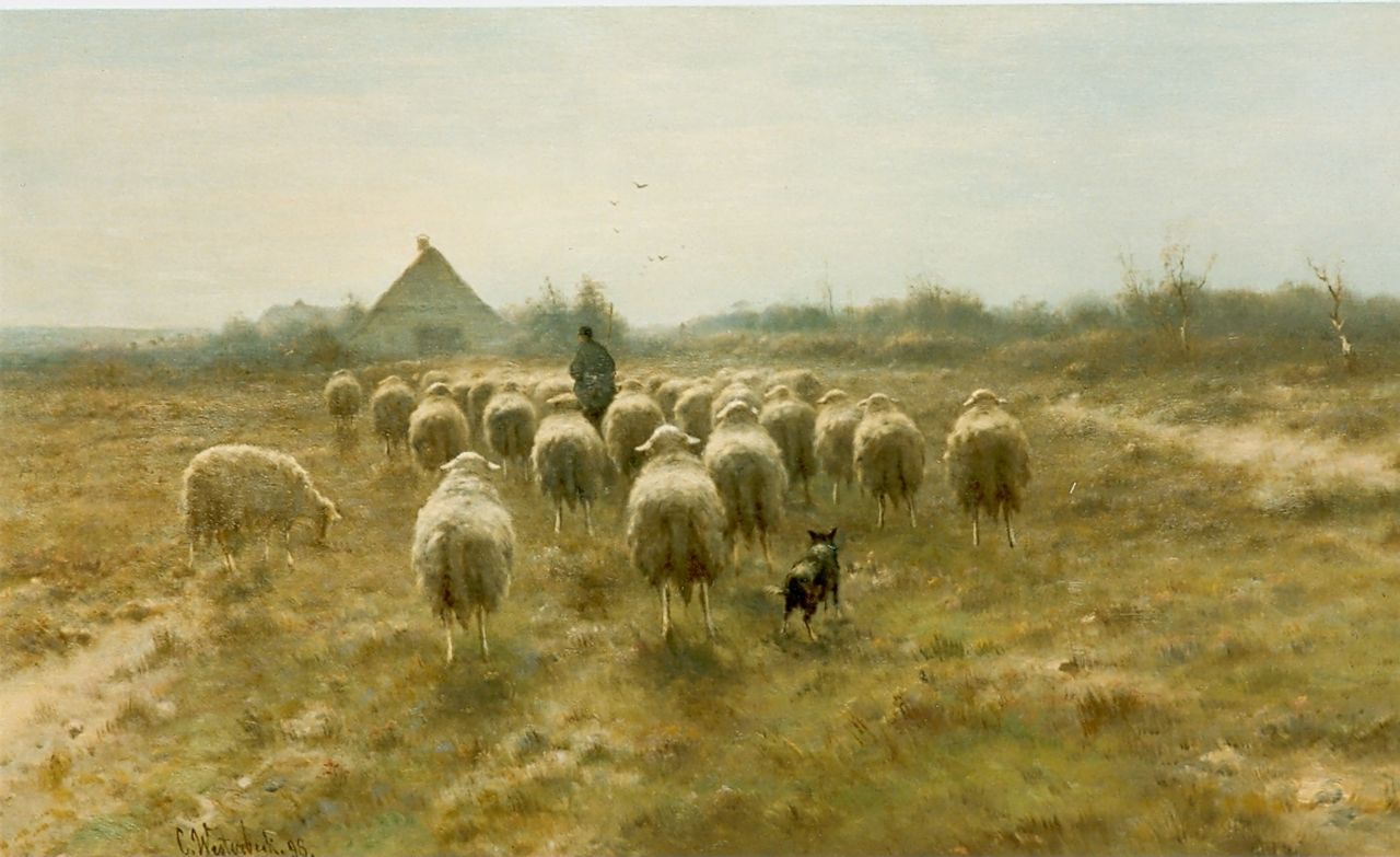 Westerbeek C.  | Cornelis Westerbeek, A shepherd and flock, oil on panel 60.0 x 105.0 cm, signed l.l.