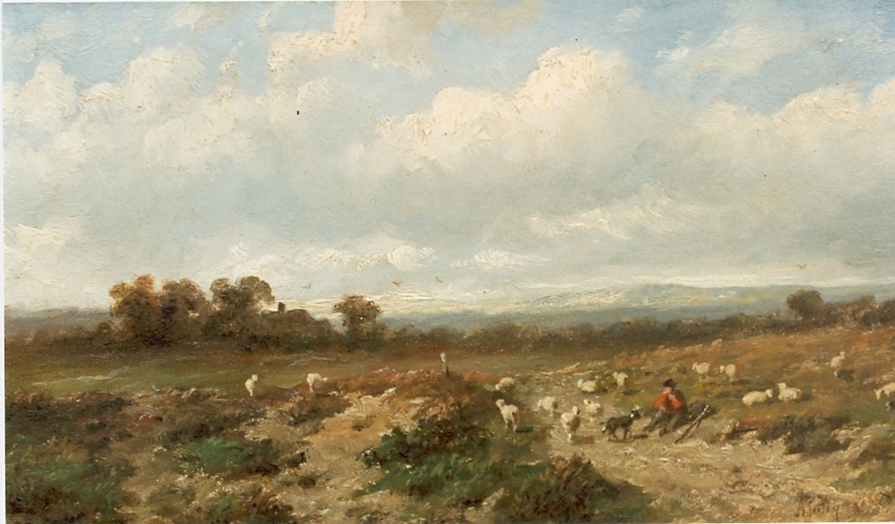 Wijngaerdt A.J. van | Anthonie Jacobus van Wijngaerdt, A shepherd and flock, oil on panel 23.5 x 36.0 cm, signed l.r.