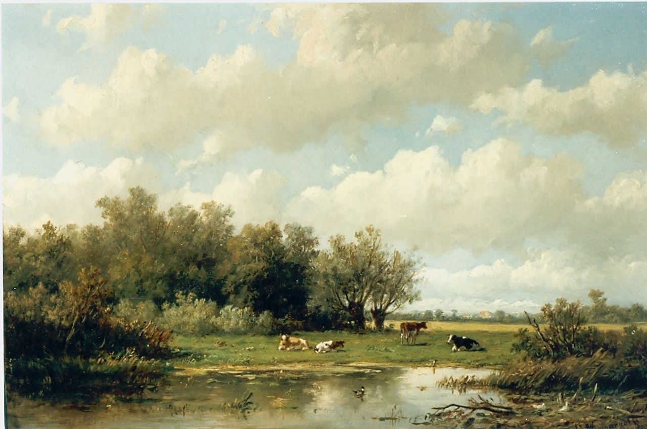 Wijngaerdt A.J. van | Anthonie Jacobus van Wijngaerdt, Cows in a meadow, oil on panel 23.0 x 35.5 cm, signed l.r.