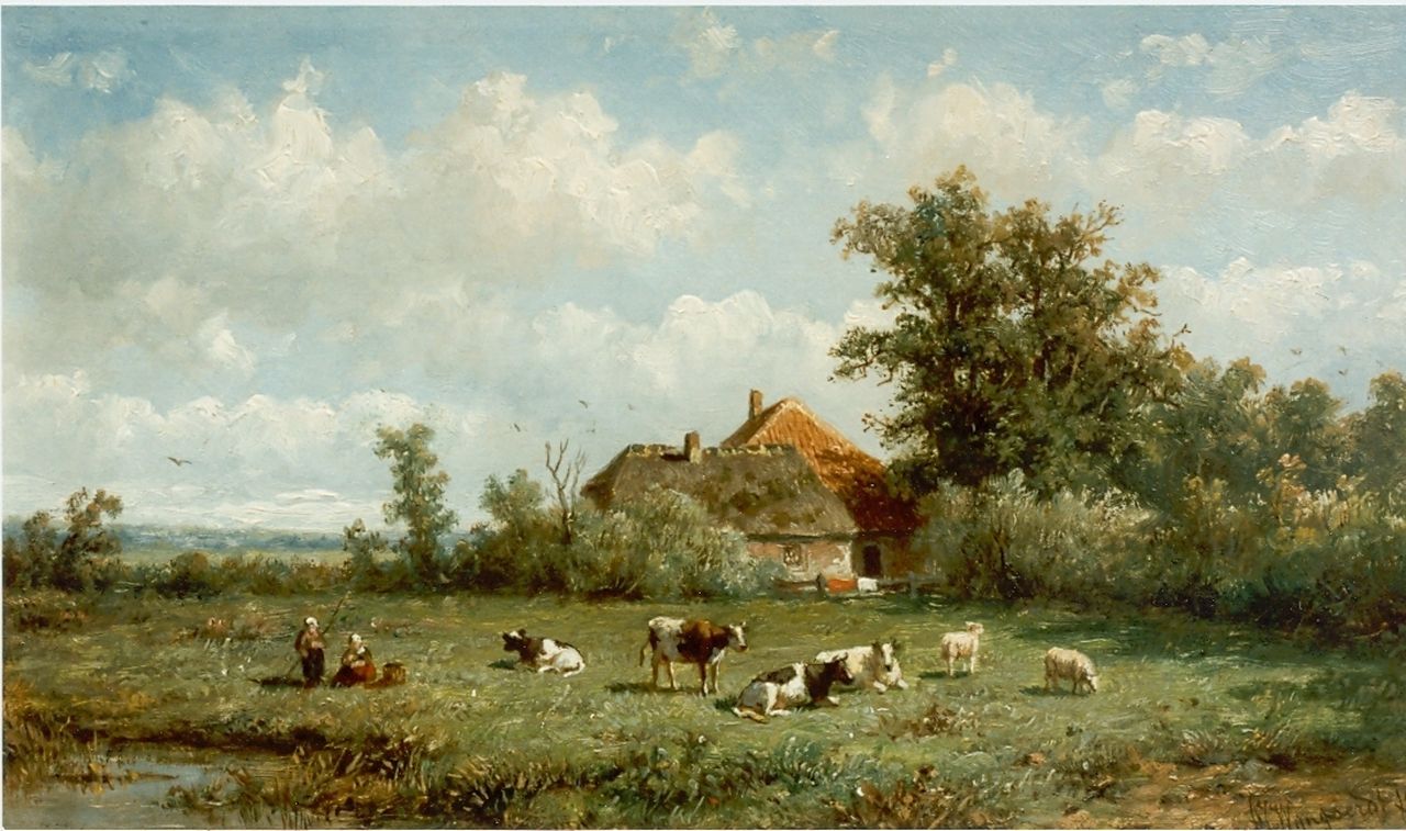Wijngaerdt A.J. van | Anthonie Jacobus van Wijngaerdt, Cattle in a landscape, oil on panel 19.8 x 34.0 cm, signed l.r.