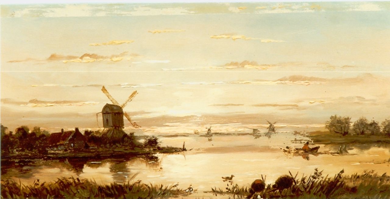 Wijngaerdt A.J. van | Anthonie Jacobus van Wijngaerdt, A river landscape, oil on panel 19.0 x 36.0 cm, signed l.l.