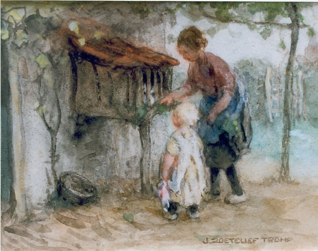 Zoetelief Tromp J.  | Johannes 'Jan' Zoetelief Tromp, Feeding the rabbit, watercolour on paper 15.0 x 20.5 cm, signed l.r.