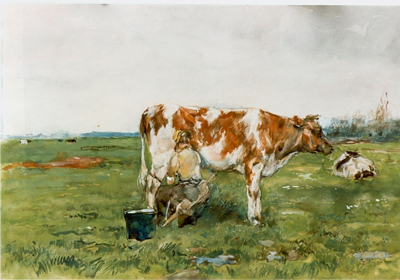 Zwart W.H.P.J. de | Wilhelmus Hendrikus Petrus Johannes 'Willem' de Zwart, Milking time, watercolour on paper 45.5 x 68.0 cm, signed l.r.