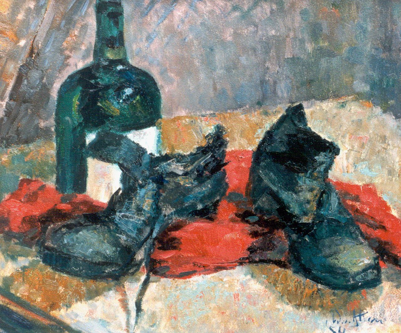 Aken W. van | Willem 'Wim' van Aken, A still life with old shoes, oil on canvas 10.0 x 10.0 cm