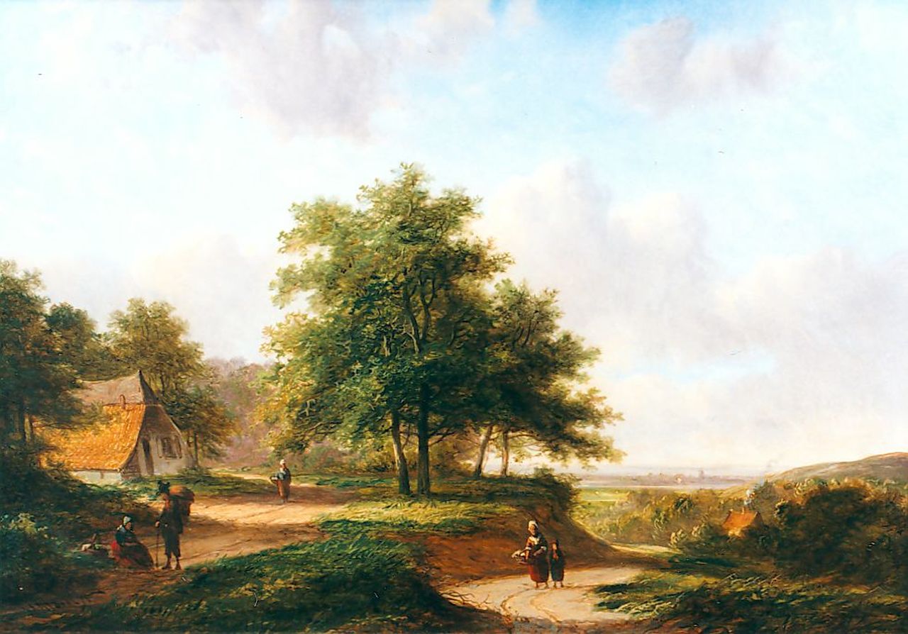 Morel II J.E.  | Jan Evert Morel II, A panoramic landscape with travellers on a path, oil on panel 22.8 x 32.0 cm, signed l.l.