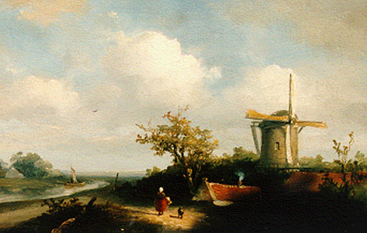 Madlener A.J.  | Antonius Josephus Madlener, Rivierlandschap met molen en figuren op zandpad, oil on panel 20.6 x 26.7 cm, gesigneerd r. v/ m. and gedateerd '59