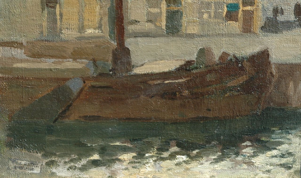 Schütz W.J.  | Willem Johannes Schütz, A moored barge, oil on canvas laid down on panel 16.5 x 26.5 cm, signed with studio stamp