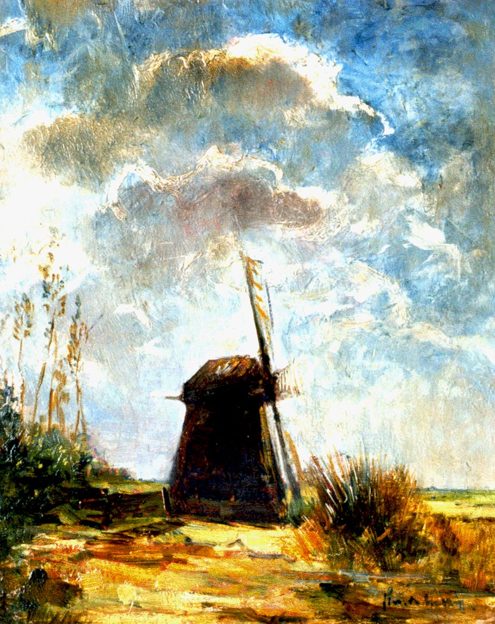 Maris S.W.  | Simon Willem Maris, A windmill in a polder landscape, oil on panel 39.9 x 31.6 cm, signed l.r.