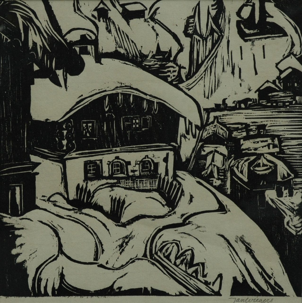 Wiegers J.  | Jan Wiegers, The house of Ernst Ludwig Kirchner, Davos, woodcut on paper 29.5 x 29.5 cm, signed l.r. in pencil