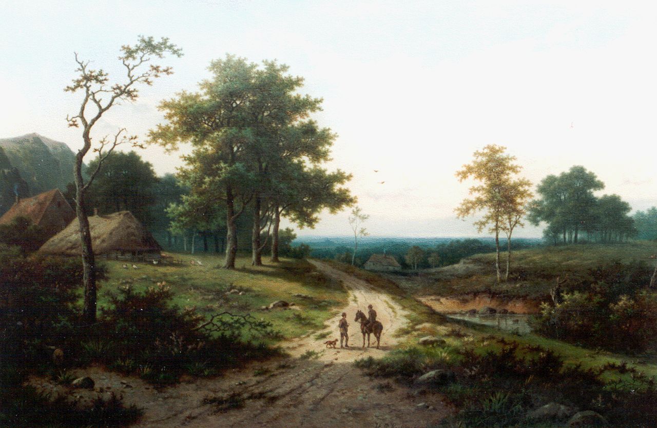 Koekkoek P.H.  | Pieter Hendrik 'H.P.' Koekkoek, Hill landscape with horse and rider on country road, oil on canvas 60.8 x 91.6 cm, signed l.l.