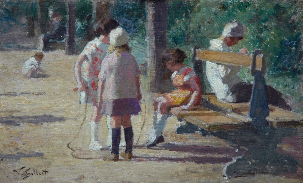 Gilbert V.G.  | Victor Gabriel Gilbert, Children playing in a park, oil on panel 13.6 x 22.0 cm, signed l.l.